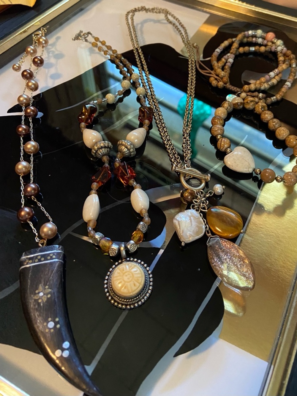 Brown and Amber Jewelry Lot- 3 Necklaces and 2 bracelets